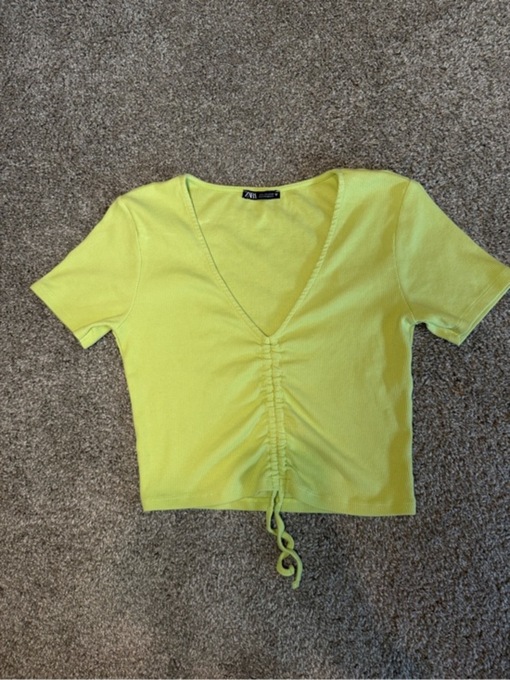 Zara Neon Lime Ruched V-Neck Crop Top